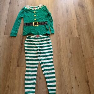 Green Elf Pajama Set with Striped Pants Size M
